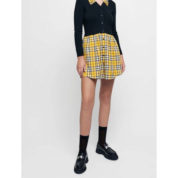 Maje Yellow Tartan Trompe L’Oeil Sweater Dress 6 Mini Plaid Grunge Collared EUC - Picture 11 of 16